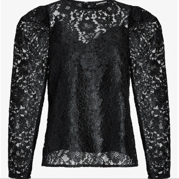 NWT! EXPRESS Black Lace w/ Puff Long Sleeve Blouse & attached Black Cami Size: S - Picture 3 of 4